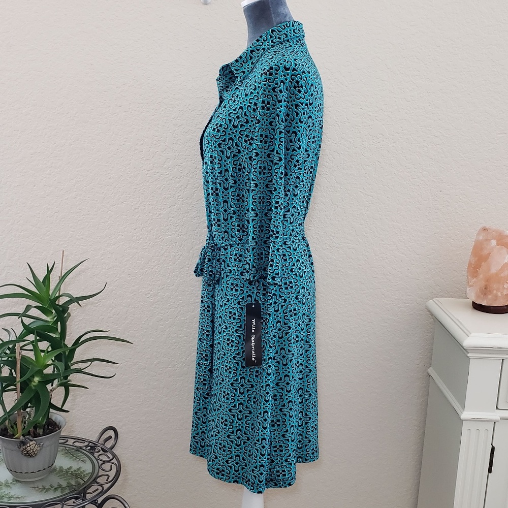 Mlle Gabrielle Black & Aqua Aztec Print Jersey Knit Belted Shift Dress - Size PL - Picture 4 of 10